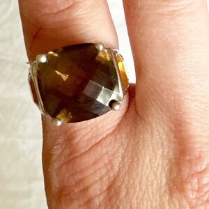 Sterling Silver Large Citrine and Smokey Topaz Ring